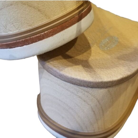 Dr Scholl's Sandals Wood Platform Leather Off White Metallic‎ Buckle Slingback 9 - Picture 4 of 7